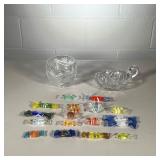 (23PC) MURANO GLASS CANDIES | (21)) Murano Glass Wrapped Candies and a Cut Glass Nappy and Glass Bow