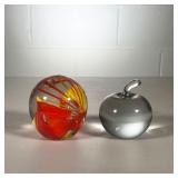 (2PC) GLASS PAPERWEIGHTS | Including one with an orange & yellow design signed by Schneider and one 