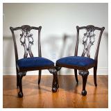 (2PC) ETHAN ALLEN SIDE CHAIRS | Pair of Chippendale-style carved wood chairs, Ethan Allen, with dark