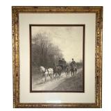 CARRIAGE PRINT | Showing a horse-drawn carriage and man on horseback traveling down country road, 16