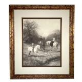 FAMILY ON HORSEBACK PRINT | Showing a mother, father, and son on horseback near a stream with small 