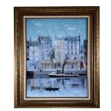 MICHEL DELACROIX PRINT | French canal and street scene with figures in a boat, signed in the print "