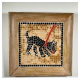 FRAMED TILE ART | Mid-century tile mosaic art of a black puppy with red collar, signed on back A Lan
