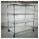 LARGE CHROME SHELVING UNIT | Tall & wide shelving unit on wheels with 4 grated shelves. - l. 59 x w.
