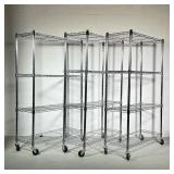 (3PC) CHROME METAL SHELVING UNITS | Chrome shelving units on wheels, each with 4 grated shelves. - l