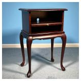 DARK WOOD END TABLE | Dark wood end table with interior shelf. - l. 16 x w. 12 x h. 25.5 in 