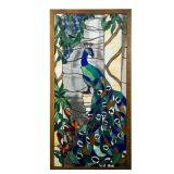 STAINED GLASS PEACOCK WINDOW | Stained leaded glass peacock with flora and fauna, framed with hangin