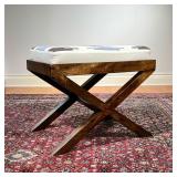 STOOL WITH X-STRETCHER | Stool with Native American-style upholstered fabric. - l. 22 x w. 15.5 x h.