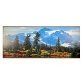 LARGE MOUNTAINSIDE PICTURE | Large picture of flowery meadow and trees with large snowy mountains in
