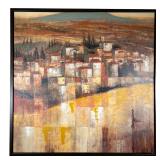 MODERNIST GICLEE | Depicts a small town by a river with accented textured paint markings. - w. 37 x 