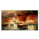 EUROPEAN SEASIDE SCENE | Canvas giclee print depicting a seaside European city with shops and rollin