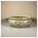 JAPANESE KOI FISH JARDINIÈRE | Large oval bowl depicting cranes, koi fish, flora & fauna with gilt h