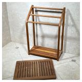 (2PC) TEAK SHOWER MAT & TOWEL RACK | Slated teak shower mat and 3-towel towel rack. - l. 23 x w. 11 