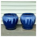 (2PC) PAIR GLAZED CERAMIC PLANTERS | Blue glazed planters/garden pots with drainage hole and separat