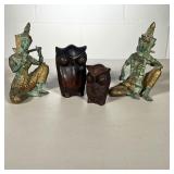 (4PC) INDIAN MUSICIANS & OWLS | (2) Verdigris and gold-colored metal Indian musicians and (2) Wooden