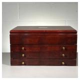 JEWELRY CHEST | Initialed J.C.B., jewelry box with 3 burgundy lined drawers and hinged top for neckl