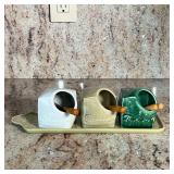 (3PC) SALT & SUGAR BOWL SET | Includes 3 cubed sugar/salt bowls with a wooden spoon and ceramic tray