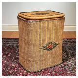 WICKER HAMPER | Lidded wicker laundry basket with painted decoration. - l. 18.5 x w. 14 x h. 24 in 