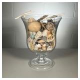 ETCHED VASE & SEASHELLS | Pedestal Glass Vase with Etched Ferns design. Full of Seashells and wood s