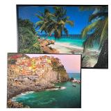 (2PC) FRAMED TROPICAL PUZZLES | Framed and completed tropical puzzle featuring beach & palm trees. -