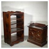 (2PC) DARK PINE SHELF & CABINET | Features open-back dark wood shelving with 5 shelves on wheels up 