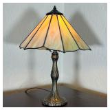 SLAG GLASS TABLE LAMP | Small lamp with a marbled style glass shade on a fancy metal base; approxima