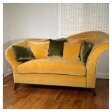 YELLOW SOFA & PILLOWS | Soft velvet custom upholstered sofa / lounge with green trim on one side, ov