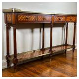 INLAID HALL TABLE | Long brown console table with a 3/4 gallery top and beautiful inlay throughout, 