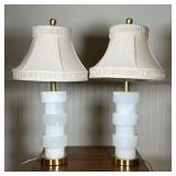 (2PC) PAIR ALABASTER LAMPS | Heavy carved alabaster table lamps with brushed gold bases and textured