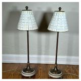 (2PC) PAIR TILE SHADE TABLE LAMPS | Carved bone style tiles wired together as the shades, on stone s