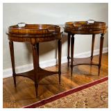 PAIR TRAY TOP SIDE TABLES | Round lift-top trays, the tables with inset leather tops of gilt tooled 
