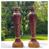 (2PC) PAIR PAINTED CANDLE STANDS | Red and gold scroll painted candle holders. - h. 19.5 x dia. 5.5 