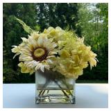 FAUX FLORAL ARRANGEMENT | Faux flowers in a square vase with realistic looking water bottom. - w. 13