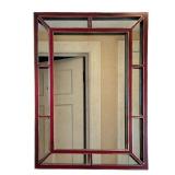 PAINTED FRAME MIRROR | Antiqued mirror with a mottled surface in a red and gold painted wood frame. 