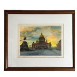 FRAMED WATERCOLOR | Small framed painting of a town courtyard, watercolor on paper, titled and penci