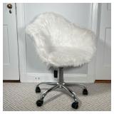 WHITE SHERPA DESK CHAIR | Fuzzy Sherpa style desk chair on wheels, with Tainoki label on bottom. - l