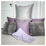 (7PC) THROW PILLOWS & BLANKET | Including four down pillow shams (three with purple covers and one w