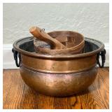 COPPER BUCKET | Copper toned bowl / bucket with side handles, with a basket and brush, can be used f