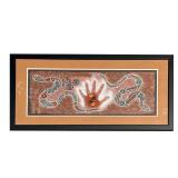 ABORIGINAL PAINTING | Mixed media on canvas or textured paper, showing a hand with two snakes, no ap