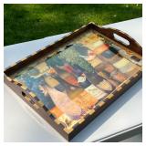 ANNIE MODICA TRAY | Wine themed double handled tray, Wine and Cheese, signed on the bottom. - l. 21 