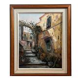 EUROPEAN OIL PAINTING | Original artwork, oil on canvas, showing a European alley way with vines, si