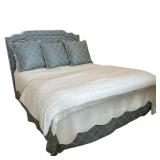CUSTOM QUEEN BEDFRAME | Custom upholstered Bedframe with blue viney fabric headboard and three match