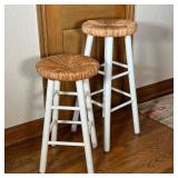 (2PC) WHITE BARSTOOLS | White painted wood legs with round rush seats - smaller h. 25 in. - h. 31 x 