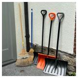 (5PC) SHOVELS & RAKE | Including three snow shovels, a rake, and a broom. - w. 19.25 x h. 51 in (lar