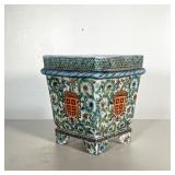 19TH CENTURY CHINESE ARMORIAL JARDINIERE | Hand painted planter with flowers, vines, and red and ora