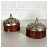 (2PC) PAIR TURNED WOOD BOWLS WITH HAMMERED METAL LIDS | turned figured wood bowls with decorative ha