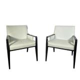 (2PC) HICKORY BUSINESS FURNITURE WHITE LEATHER ARMCHAIRS | White leather armchairs with mahogany arm