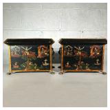 (2PC) PAIR CLAW FOOT DECORATIVE TIN BOXES | Black box with bronze painted border, depicting fantasy 