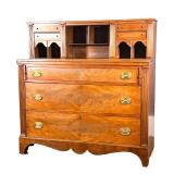 ANTIQUE FLAME MAHOGANY SECRETARY CHEST | Butlers, or "Stationmasters" desk, having a gallery with sh