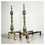 (2PC) PAIR POLISHED BRASS AND IRON ANDIRONS | Spindle polished brass with iron legs and base. - l. 1